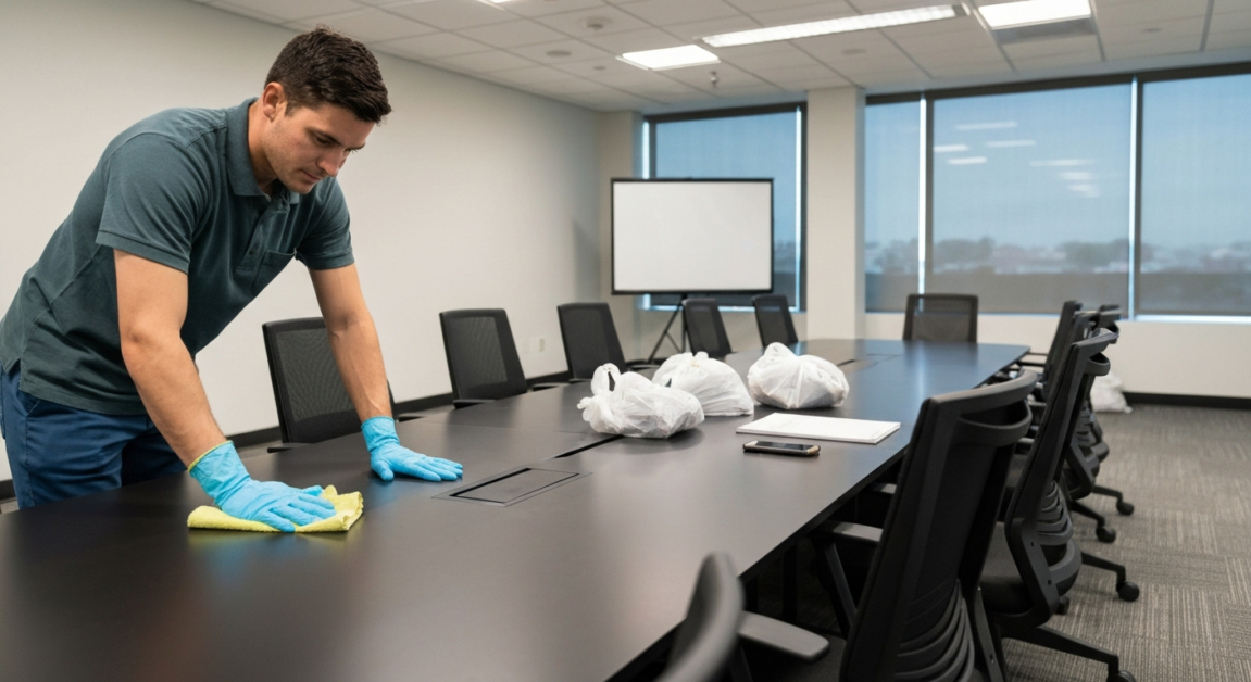 Comparison of cleaning tasks in an Orlando conference room achieved in 2-hour versus 3-hour timeframes.