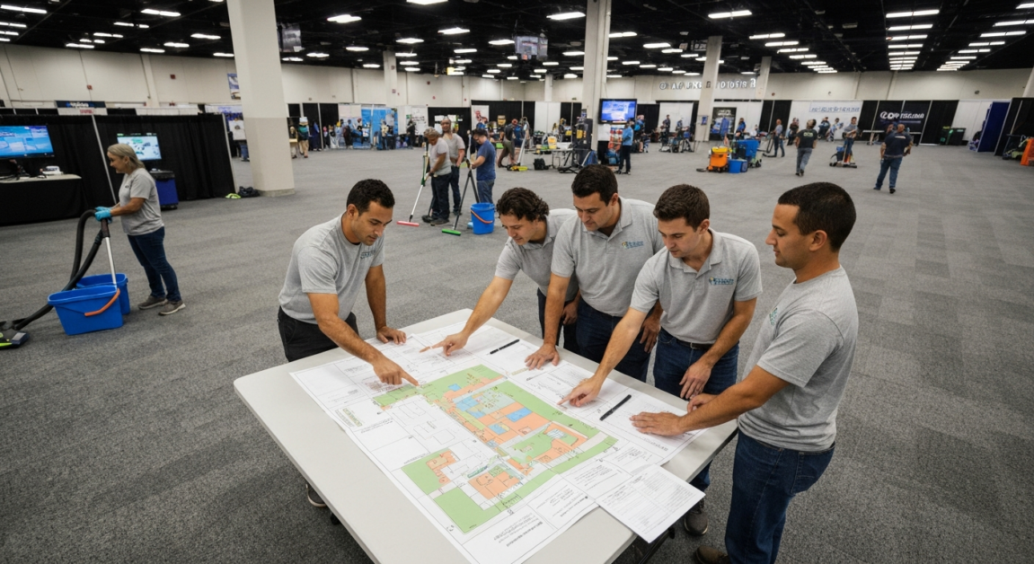 Orlando convention center with a cleaning crew planning and prepping for large-scale event cleanup.