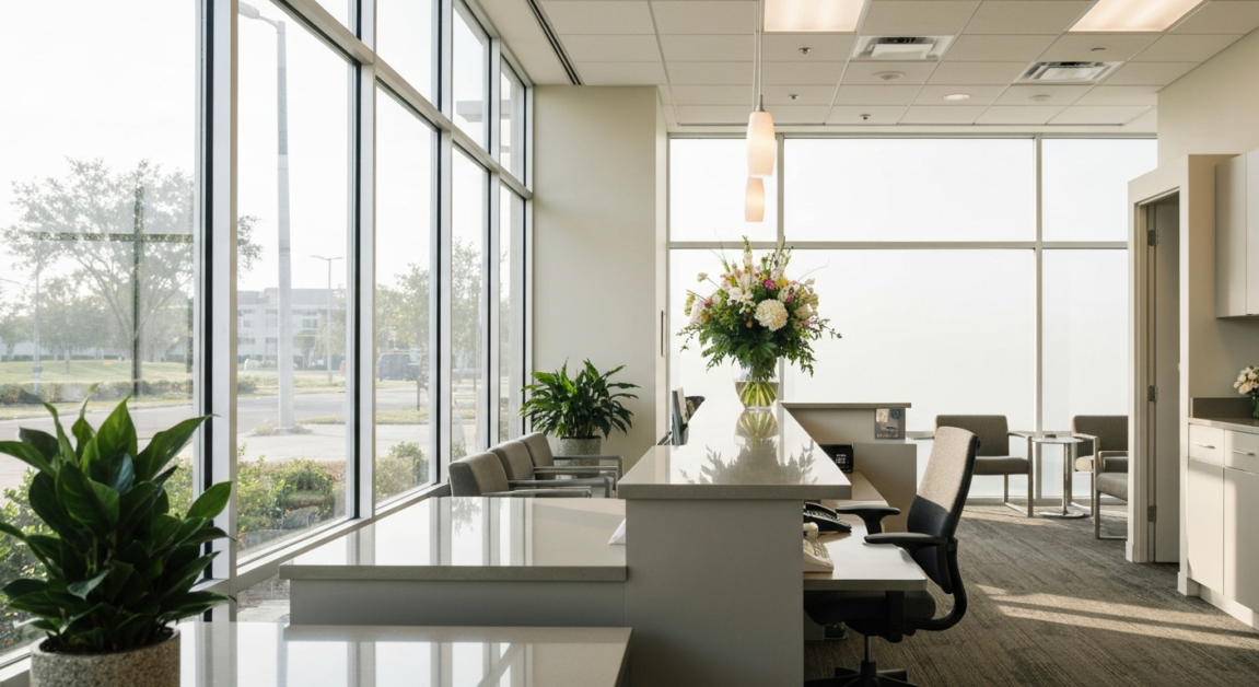 A clean and inviting office reception area in Orlando with a polished desk, fresh flowers, and well-organized seating.