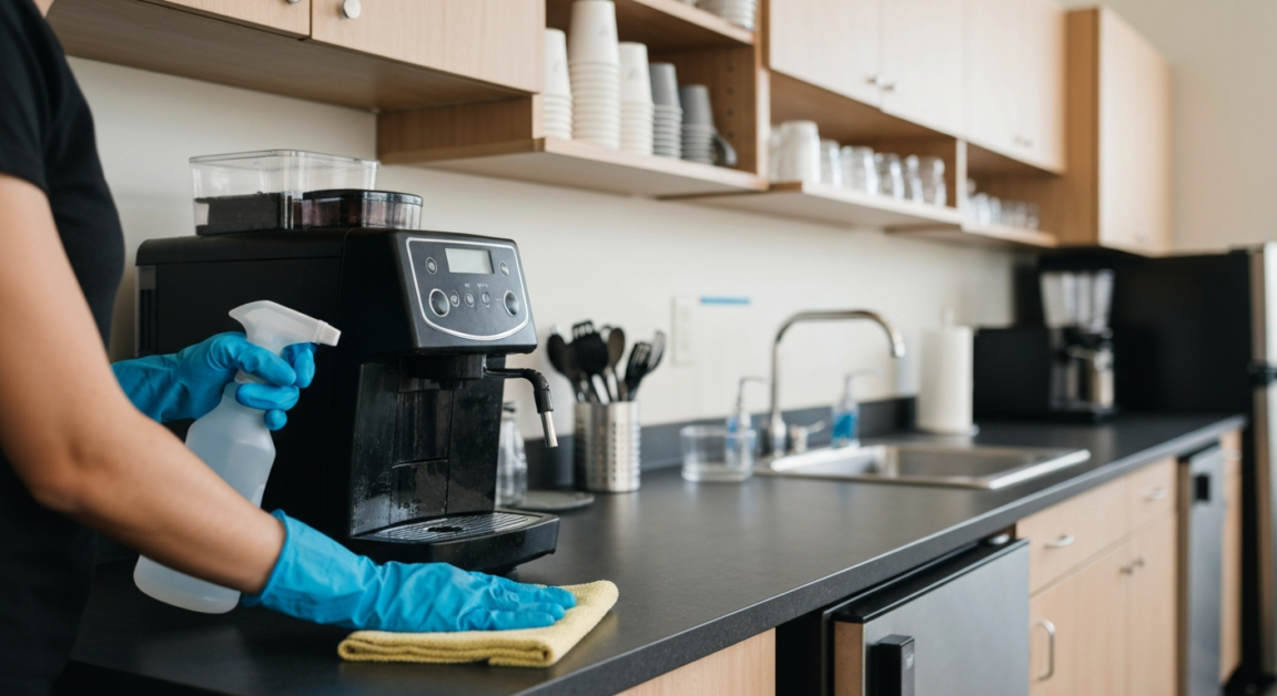 Hands in gloves cleaning and disinfecting a coffee station in an Orlando office to prevent germ spread.