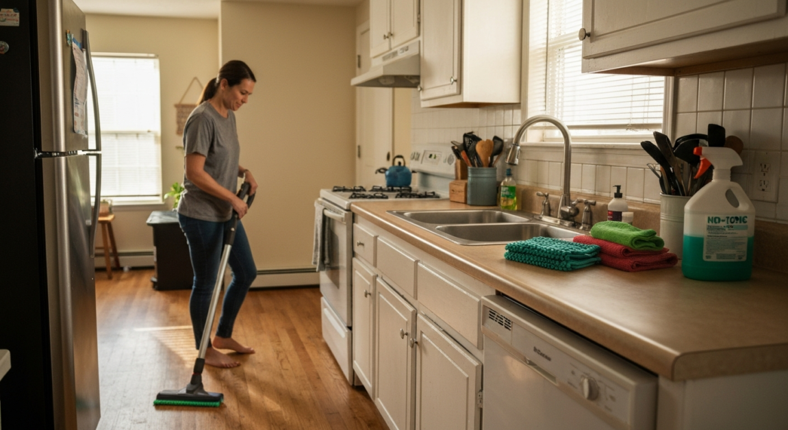 Orlando apartment kitchen with homeowner cleaning using a vacuum and organizing supplies, emphasizing the time and tools needed for effective DIY cleaning.