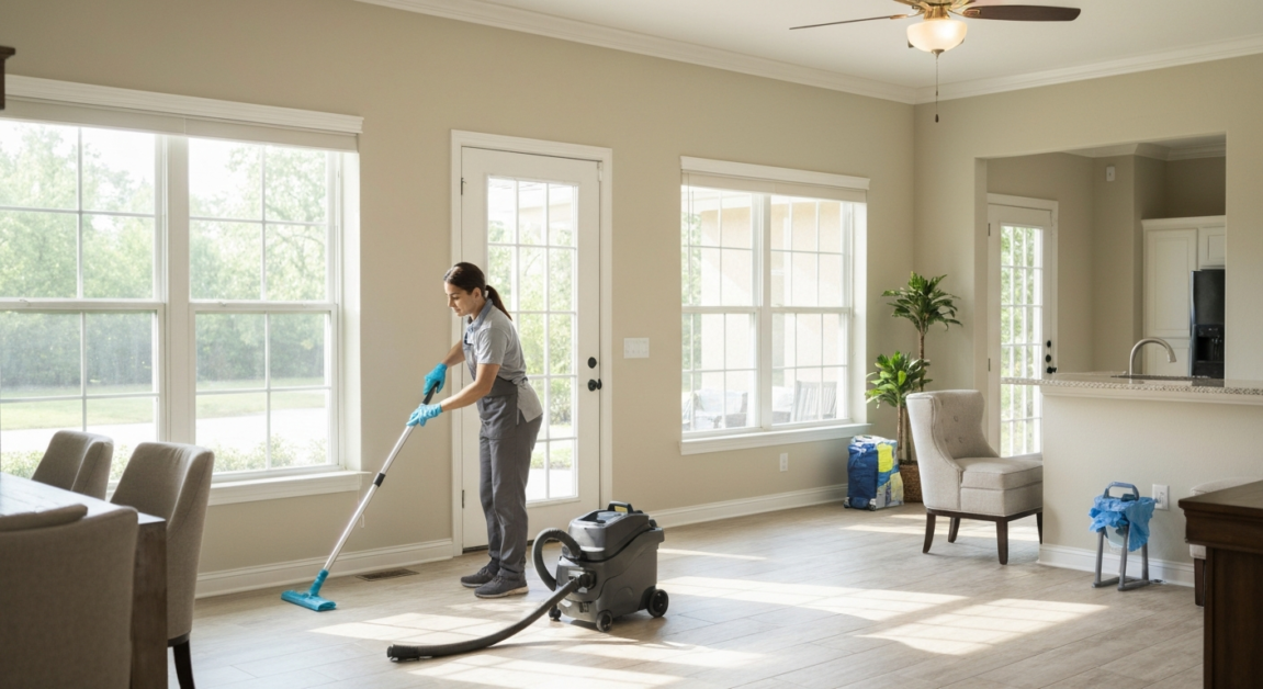 Professional cleaner working in an Orlando living room, highlighting time savings and reduced stress from using cleaning services.