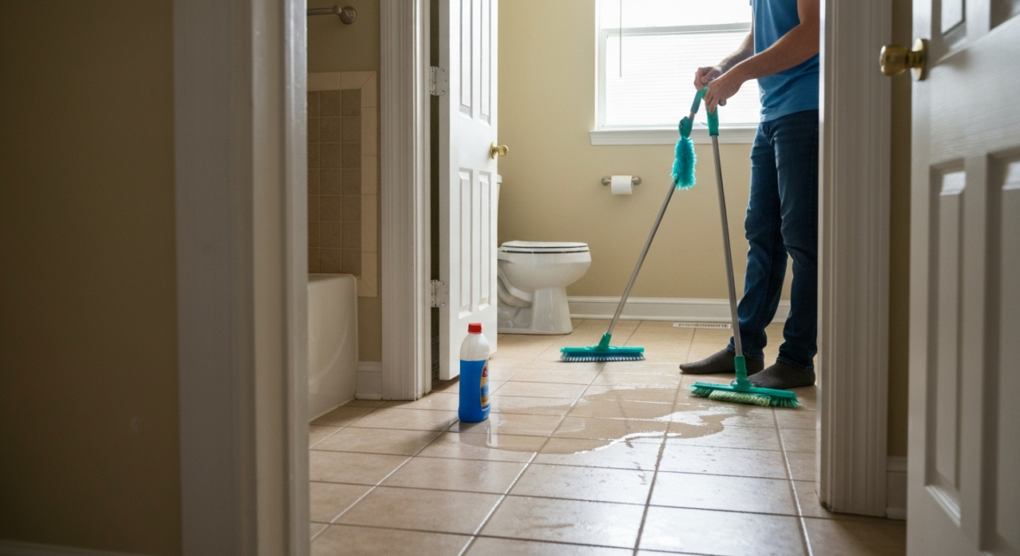 Orlando rental property bathroom showing a hazardous cleaning setup, illustrating risks of improper DIY cleaning methods.