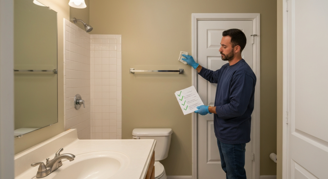 Professional cleaner performing a deep clean in an Orlando rental bathroom, highlighting differences between standard and deep cleaning.