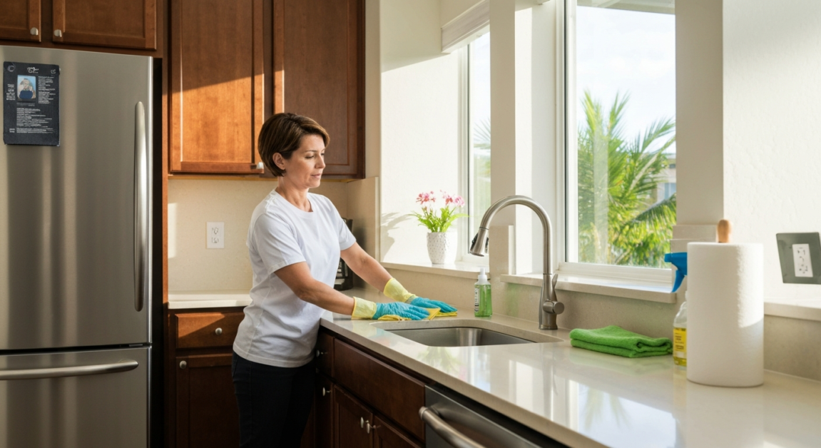 Move-out cleaning Orlando with emergency services by All Great Cleaner – Professional Cleaning Services showing an efficient cleaner and spotless kitchen.