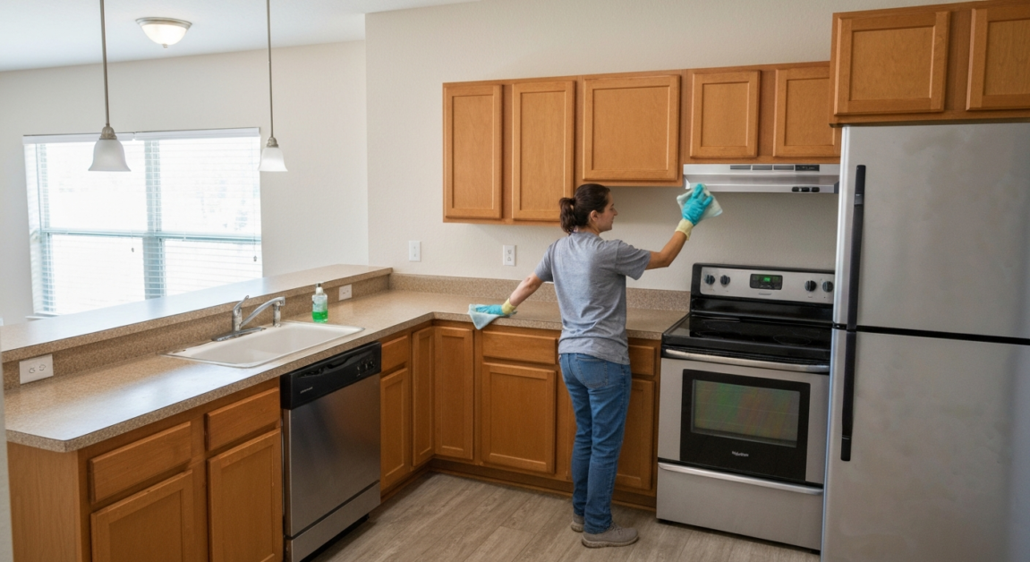 Professional cleaner wiping kitchen countertops in an Orlando rental property during move-out cleaning.