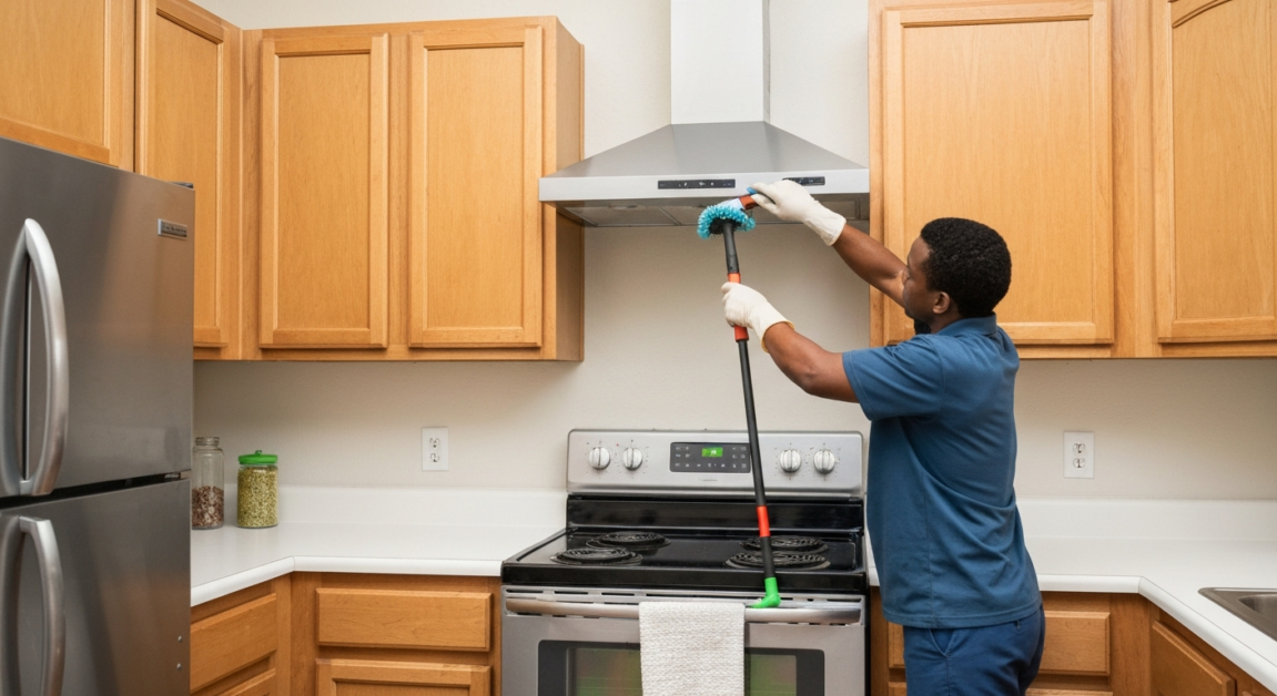 Professional cleaner tackling grime on kitchen exhaust fan in an Orlando rental property.