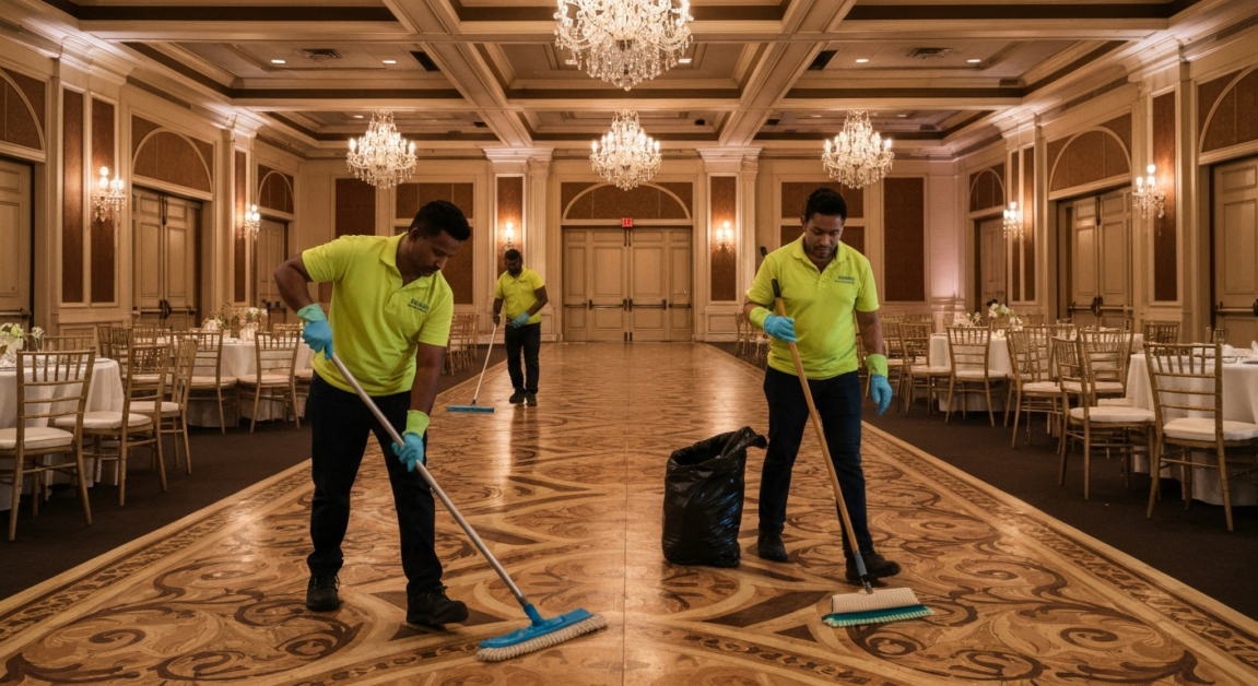 Professional cleaning crew at an Orlando wedding venue post-event, emphasizing efficient service over DIY methods