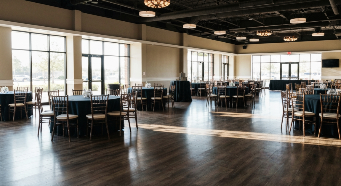 Spotless Orlando wedding venue showing immaculate floors and organized decor post-clean for inspection-ready result