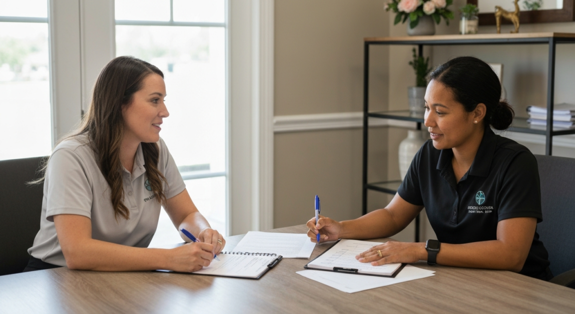 Wedding planner and cleaner discussing post-event responsibilities at an Orlando venue