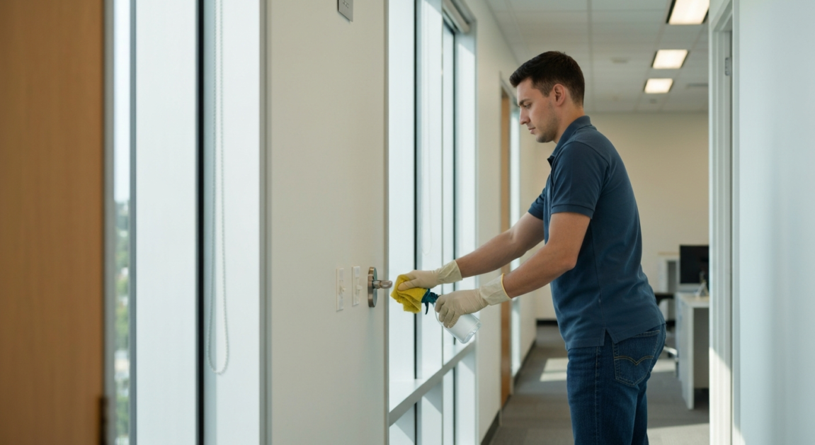 Professional cleaner disinfecting door handle in an Orlando office to maintain hygiene