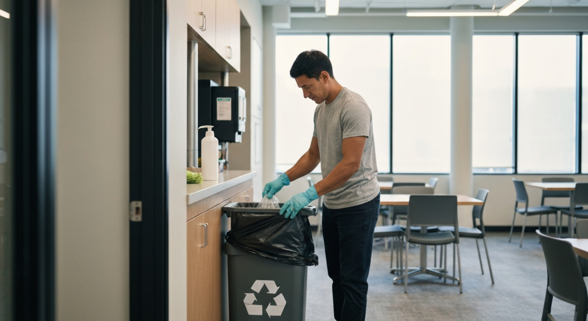 Professional cleaner removing trash in an Orlando office breakroom, emphasizing daily cleaning tasks.