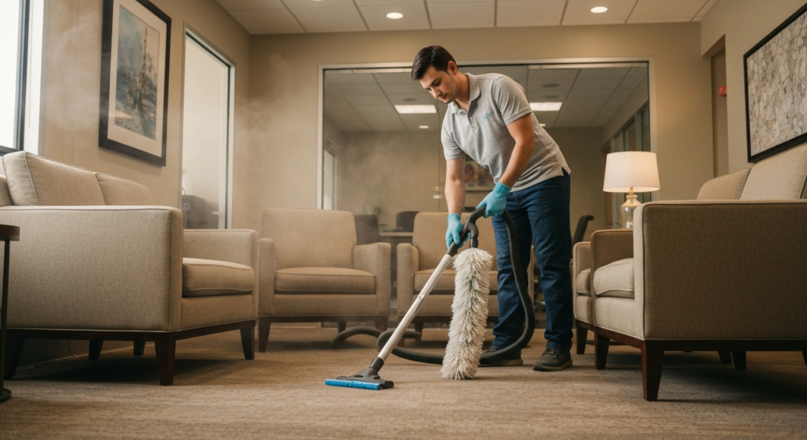 Cleaner vacuuming and dusting upholstery in an Orlando office