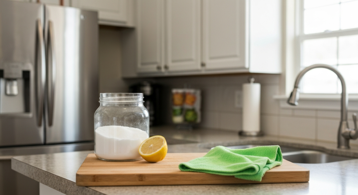 Natural cleaning products like baking soda and lemon juice in an Orlando kitchen.