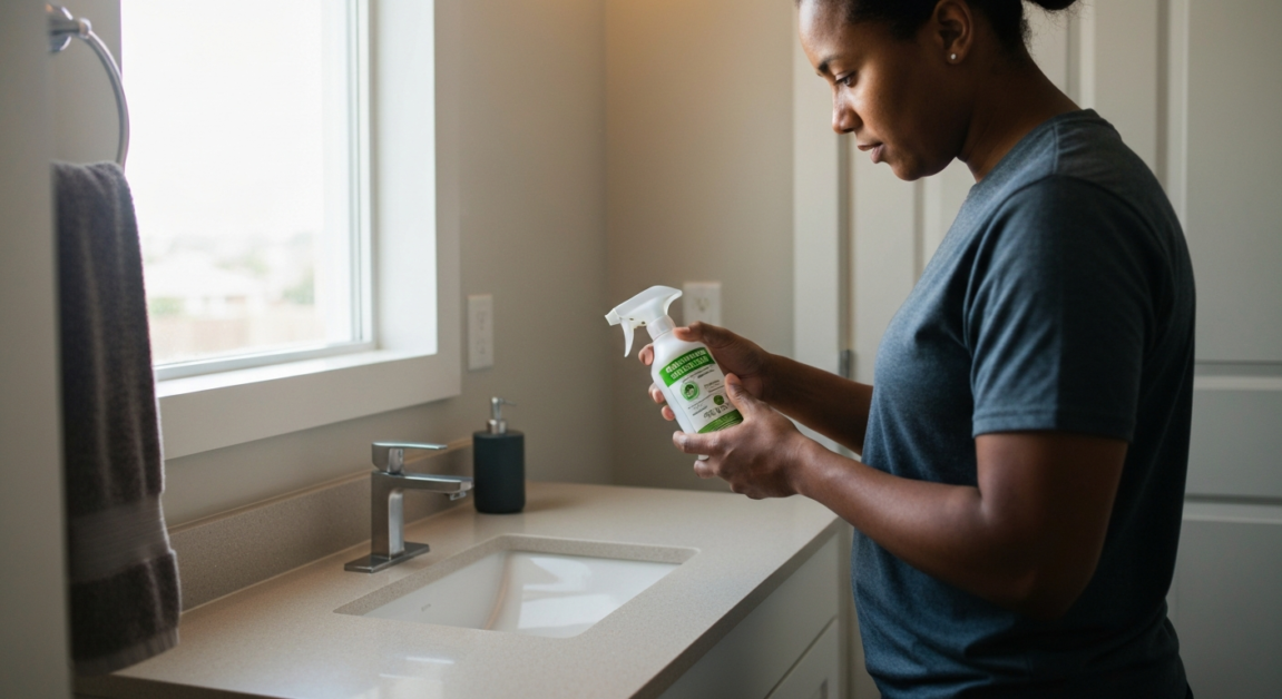 A person reading a cleaning product label in an Orlando apartment bathroom.