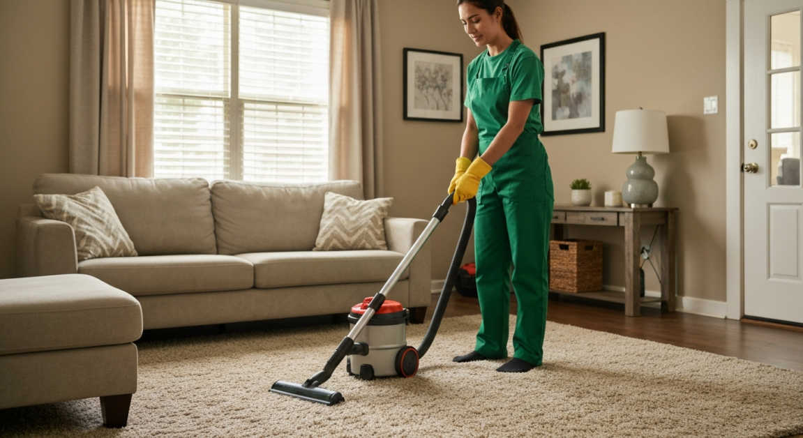 Professional cleaner using eco-friendly vacuum with HEPA filter in an Orlando living room.