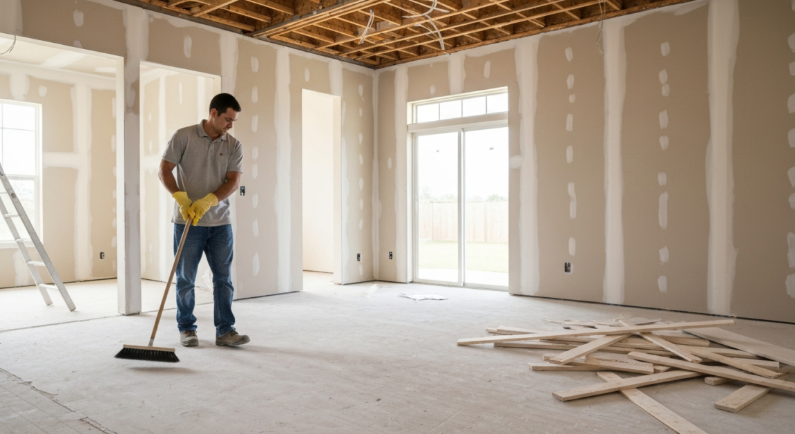 Professional cleaner performing a rough clean in a partially constructed Orlando home, focusing on debris removal.