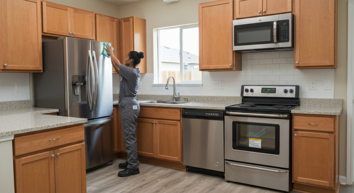 Cleaner polishing appliances in an Orlando apartment during the final cleaning stage, emphasizing attention to detail.