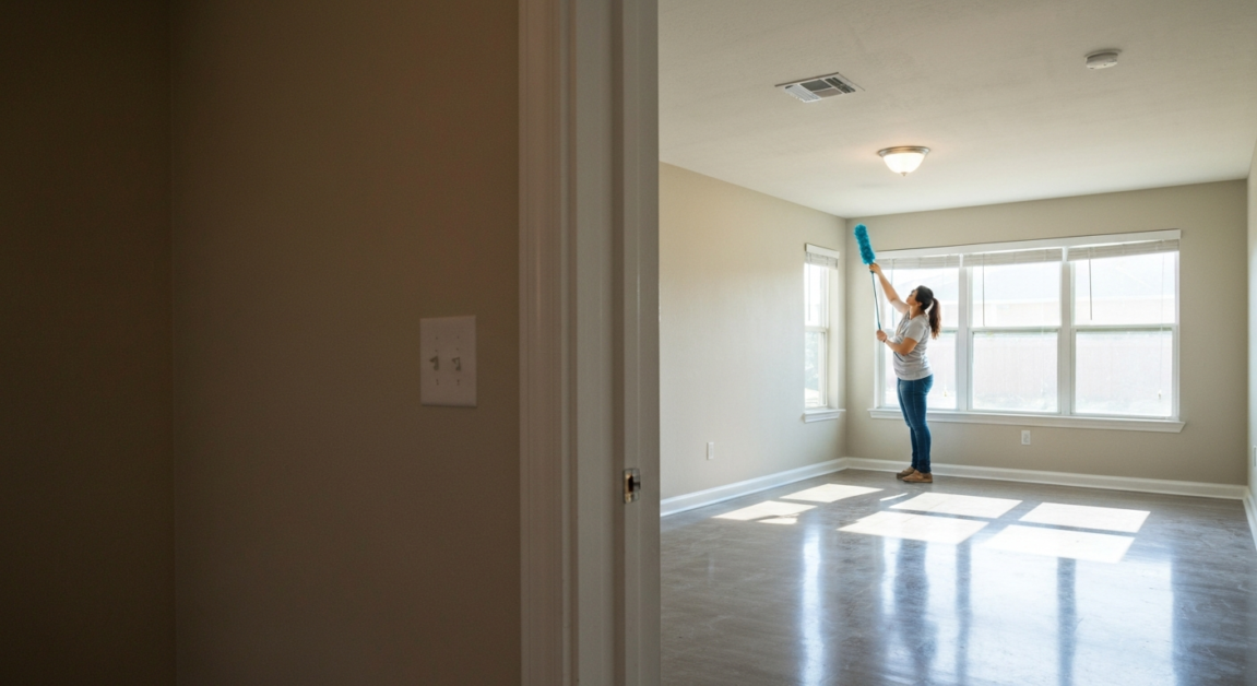 Cleaner performing a sparkle clean in an Orlando rental property living room, highlighting gleaming surfaces and readiness.