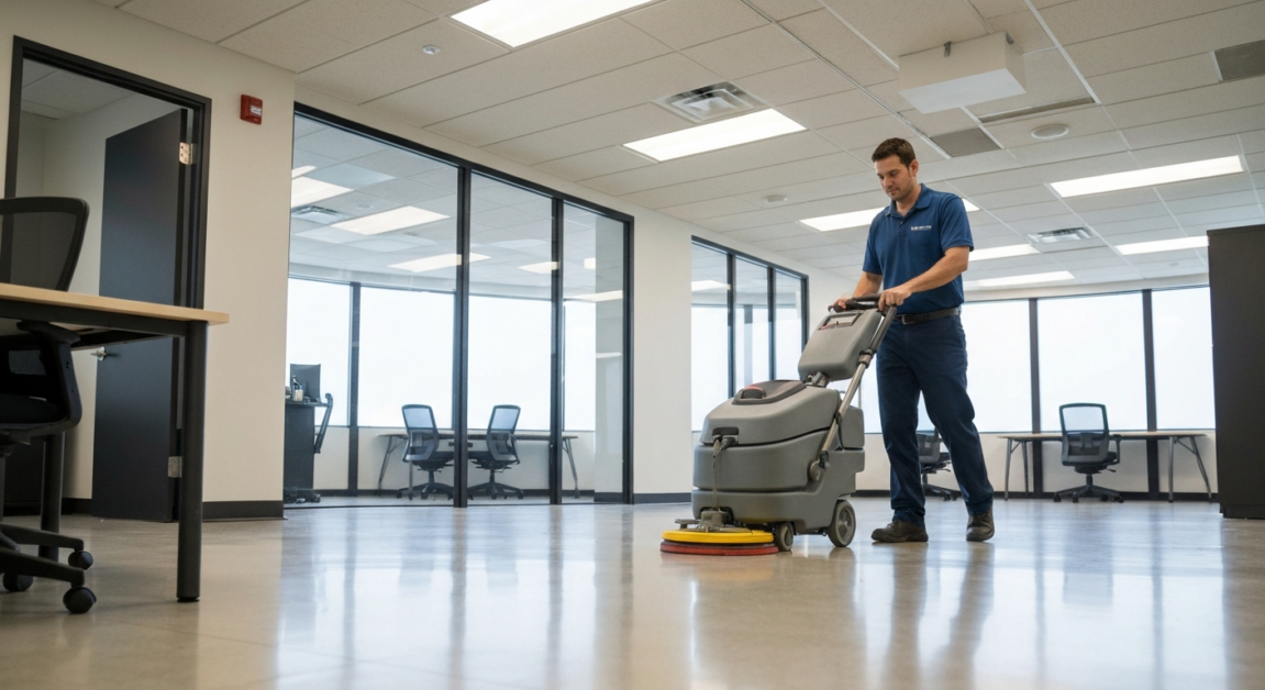 Commercial cleaner using a floor scrubber for deep cleaning in an Orlando office space.