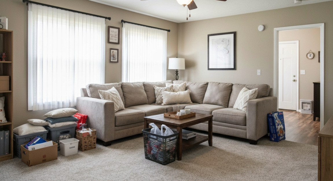 Living room decluttering in Orlando home with sorted piles for donation and trash.