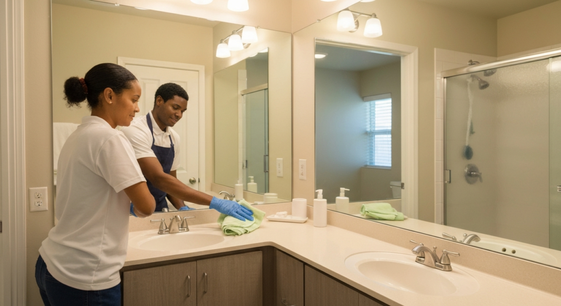 Professional cleaner polishing faucets and mirrors in an Orlando apartment bathroom.