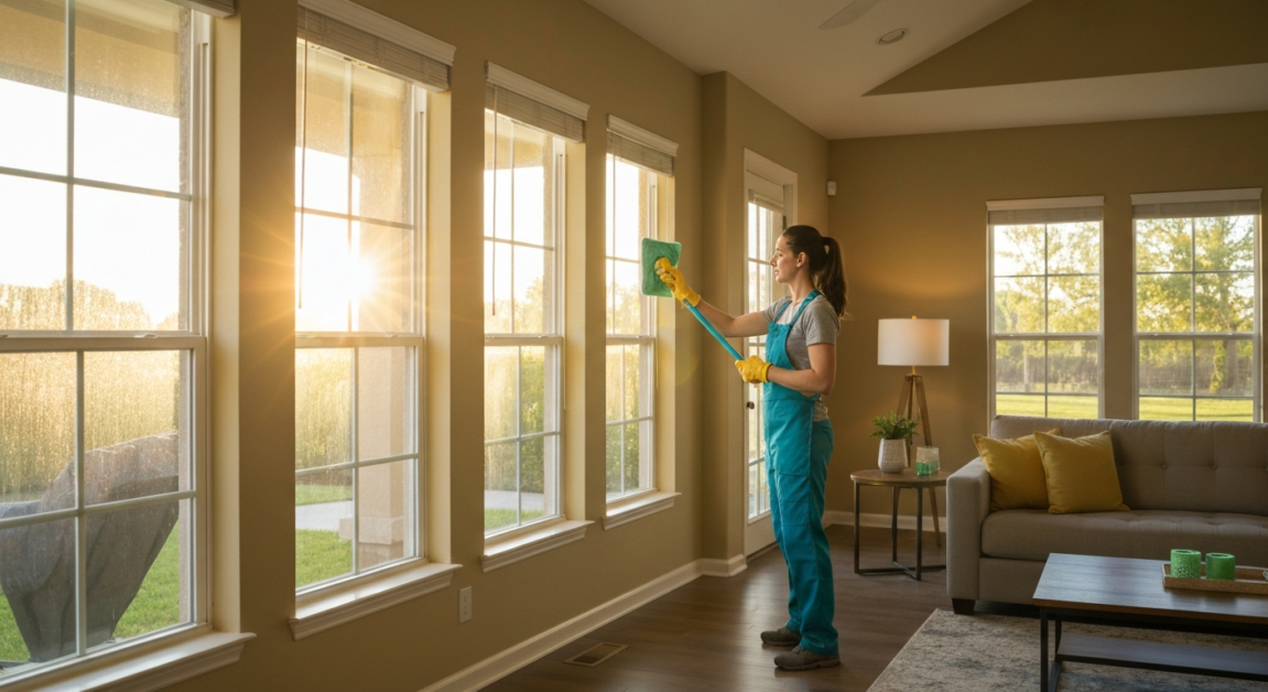 Professional cleaner in Orlando home cleaning large windows for streak-free shine.