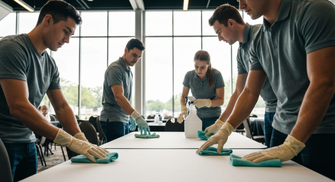 Professional cleaners using eco-friendly products for a corporate event in Orlando.