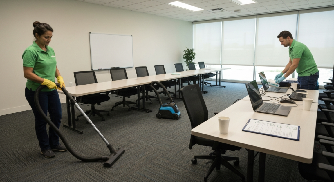 Professional cleaners performing a thorough checklist cleaning in an Orlando conference room.