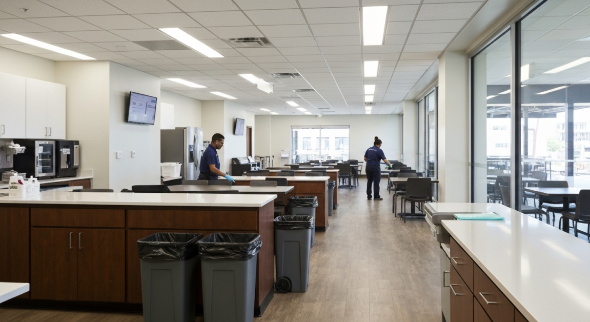 Professional cleaners efficiently restoring cleanliness in an Orlando office breakroom.