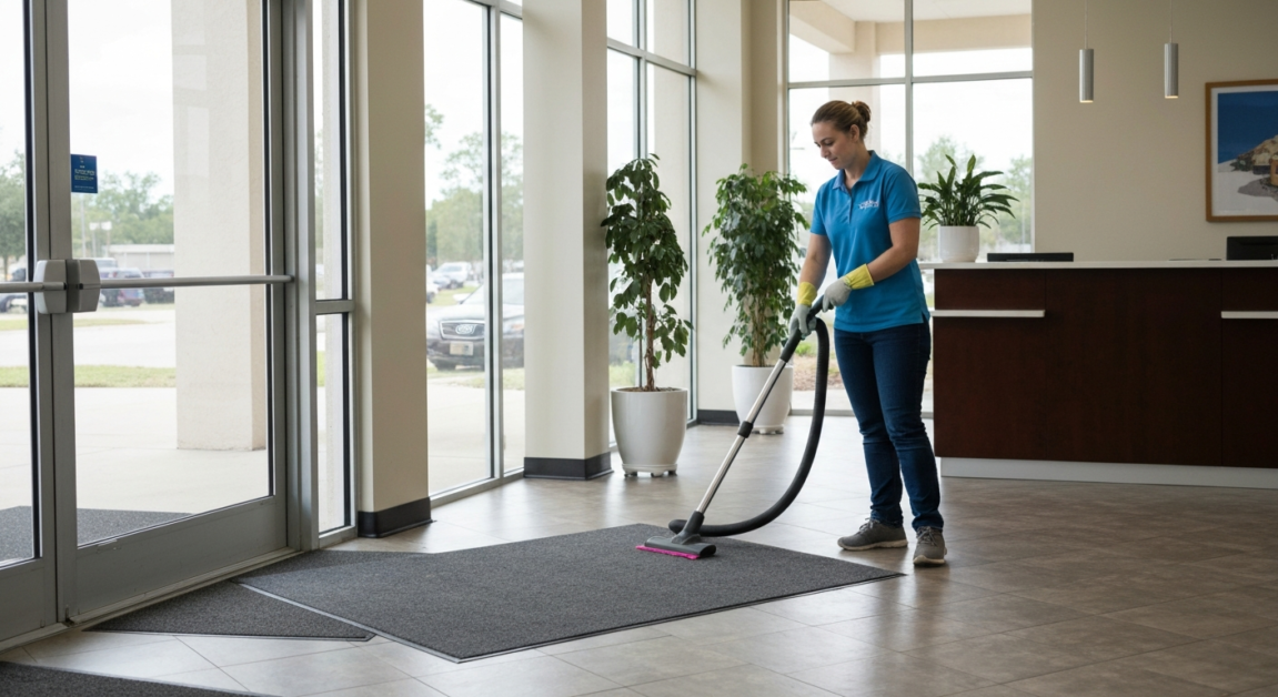 Professional cleaner vacuuming an office lobby entrance mat in Orlando with gloves on.