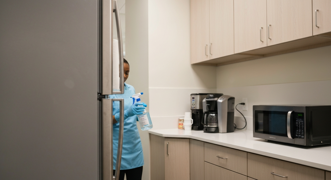 Cleaner sanitizing refrigerator handle in a breakroom in Orlando to ensure hygiene.