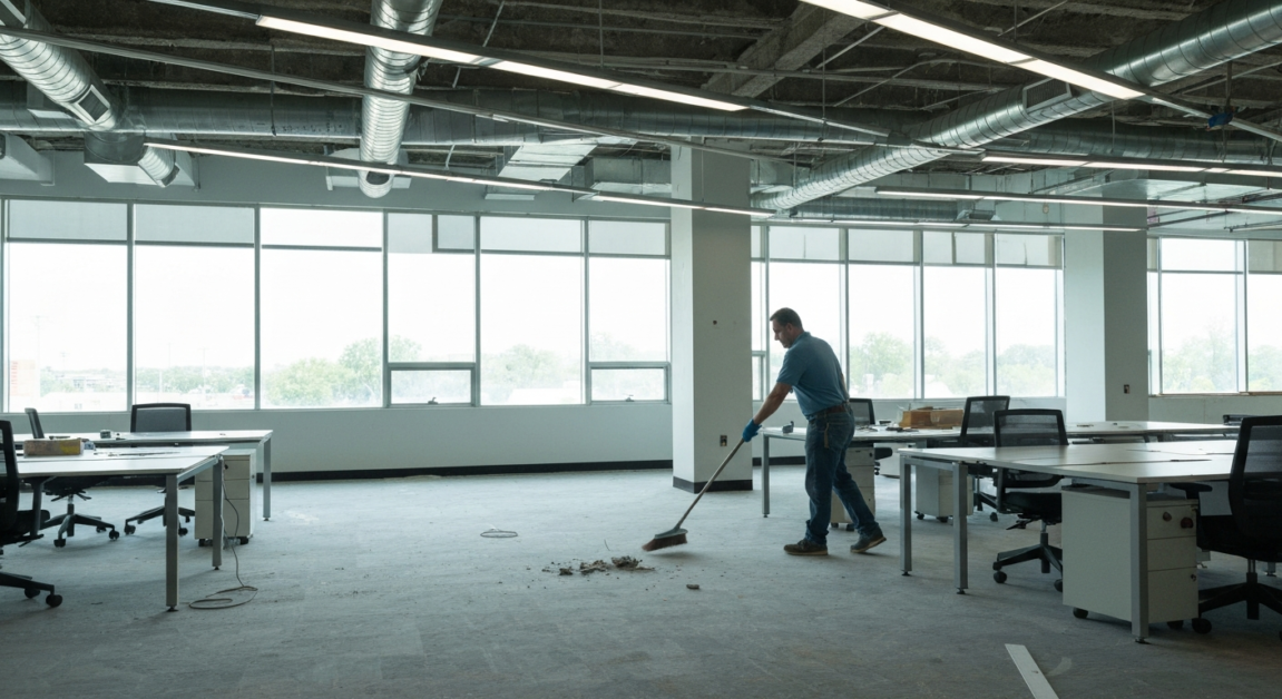 Professional cleaner sweeping debris in a post-renovation office space in Orlando.