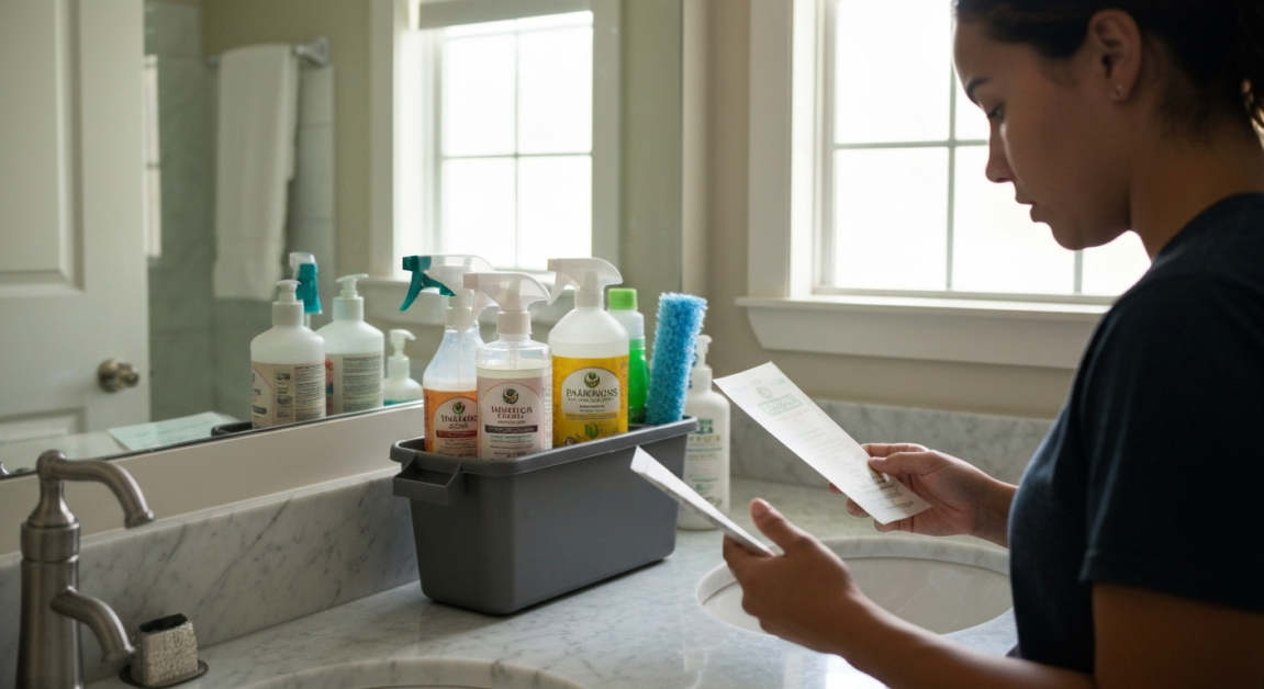 Person reading a cleaning product label in an Orlando bathroom, ensuring it is free from harmful chemicals.