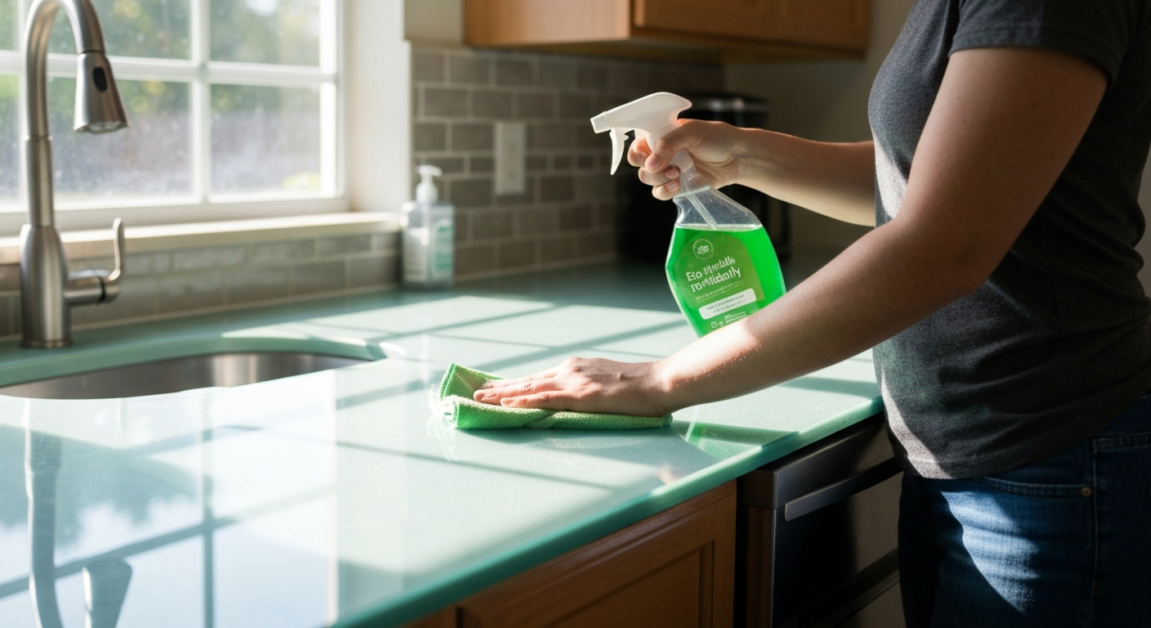 Cleaning a kitchen countertop with an eco-friendly cleaner in an Orlando home.