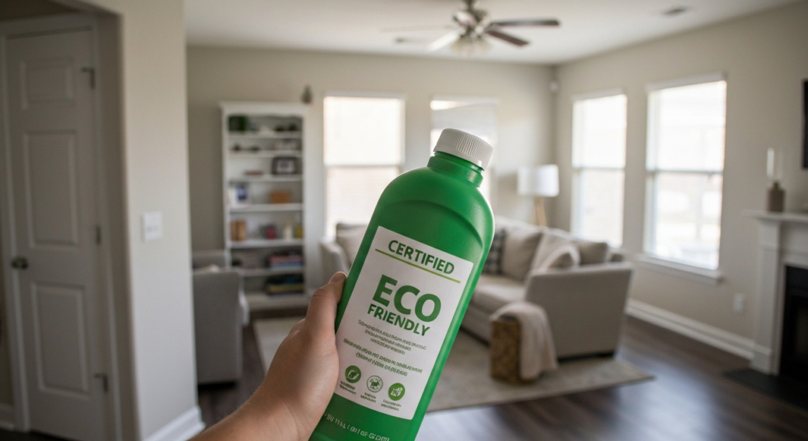 Certified eco-friendly cleaning product being used in a clean Orlando living room.