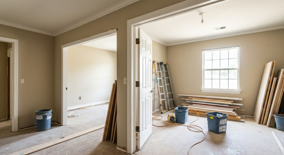 Cleared walkways in a home post-renovation, ready for cleaning