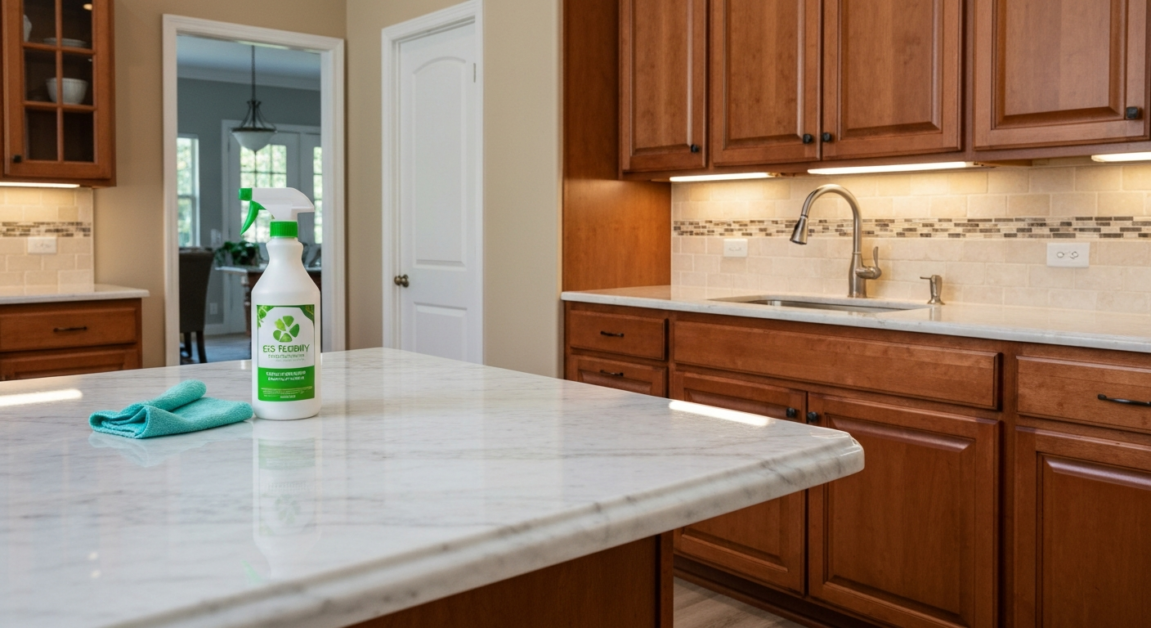 Marble countertop and custom cabinets in Orlando home prepared for cleaning