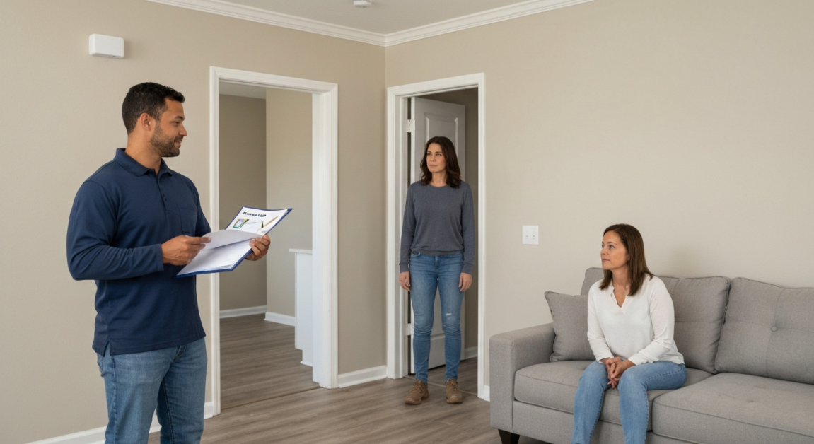 Homeowner and contractor with checklist in living room after renovation in Orlando home