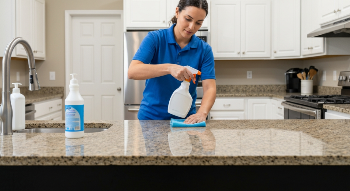 Professional cleaner disinfecting a kitchen countertop in an Orlando home