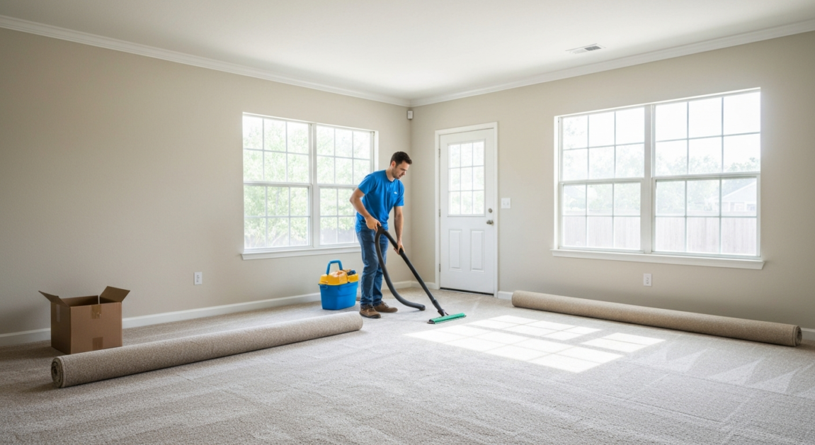 Cleaner vacuuming carpet in an empty Orlando rental living room before unpacking