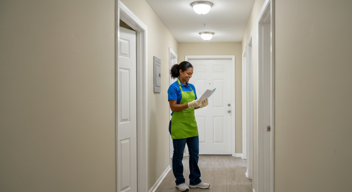 Professional cleaner reviewing checklist in an Orlando apartment hallway before move-in