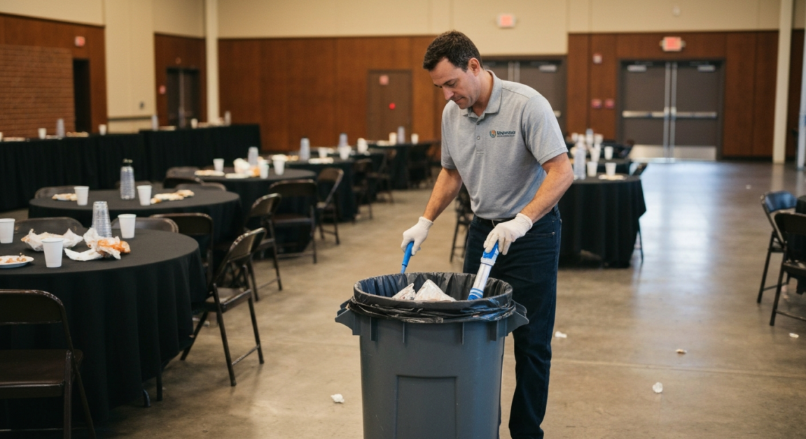 Professional cleaner collected trash in a large bin at an Orlando event space.