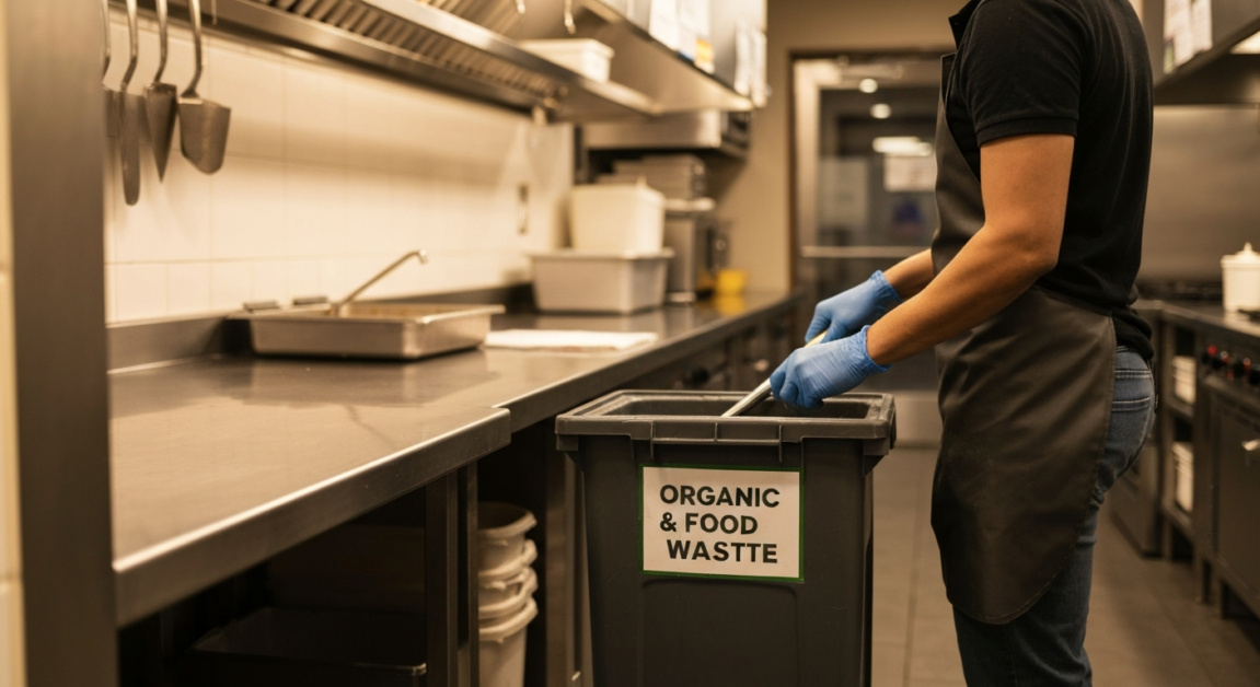 Professional cleaner using specialized bins for food waste in an Orlando commercial kitchen.