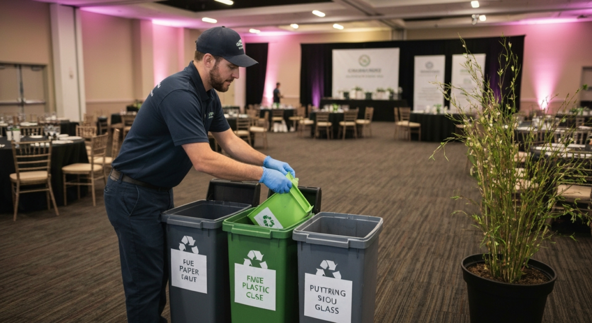 Professional cleaner sorting recyclables in labeled bins after an Orlando event.