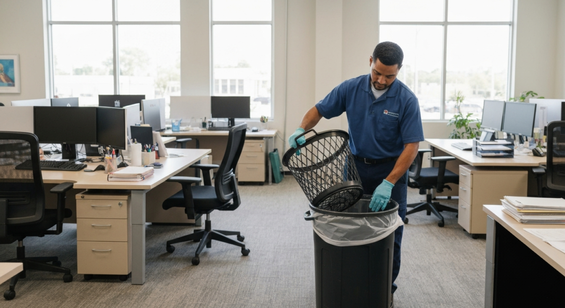 Janitor performing daily office maintenance by emptying wastebaskets in an Orlando office.