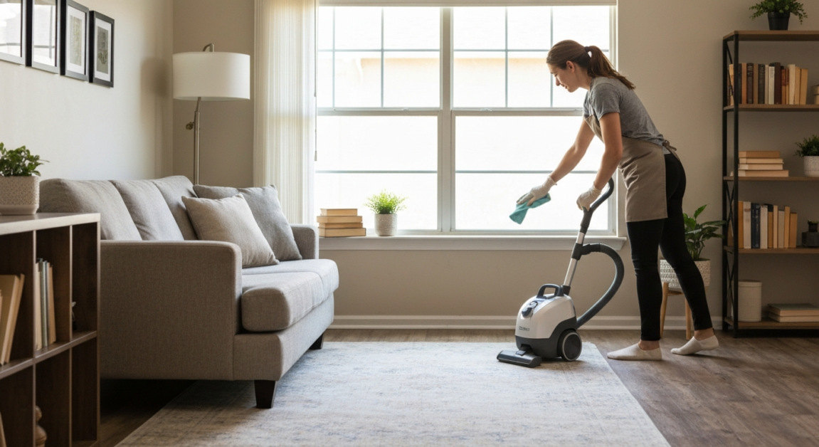 A professional cleaner dusting surfaces in an Orlando home, demonstrating routine upkeep during a regular cleaning session.