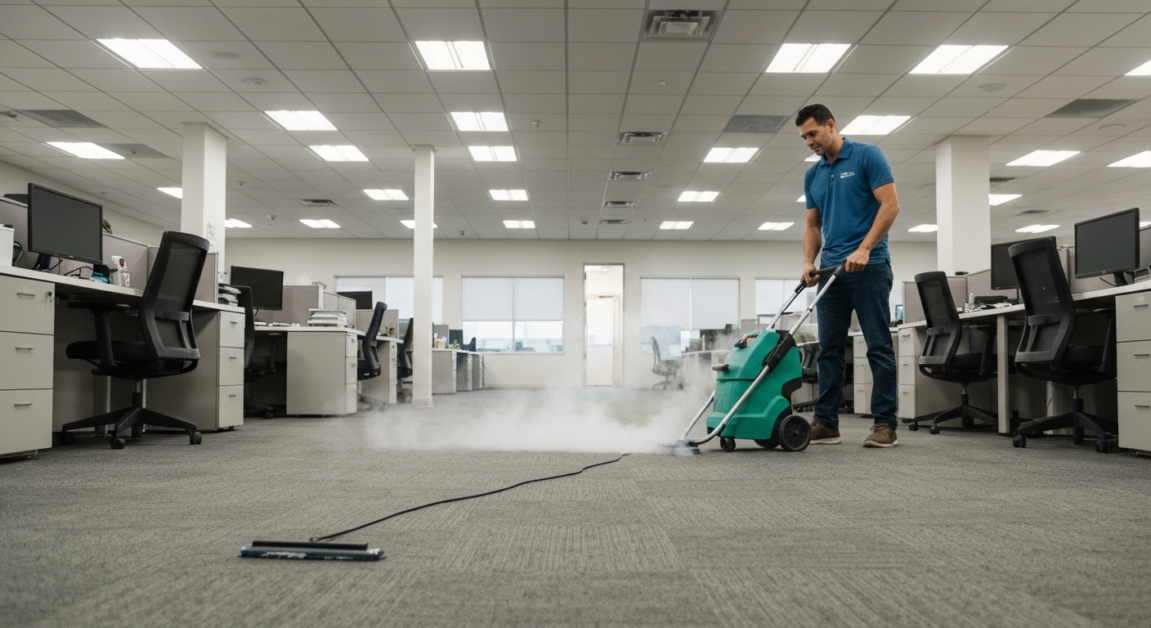 Professional cleaner using a steam machine to deep clean carpet in an Orlando office.
