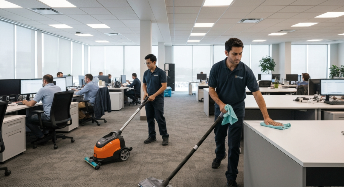 Two cleaners performing integrated cleaning tasks, vacuuming and wiping surfaces in Orlando office.