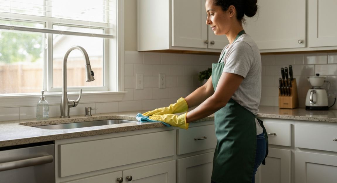 Orlando home kitchen daily cleaning routine with a person wiping the counter.
